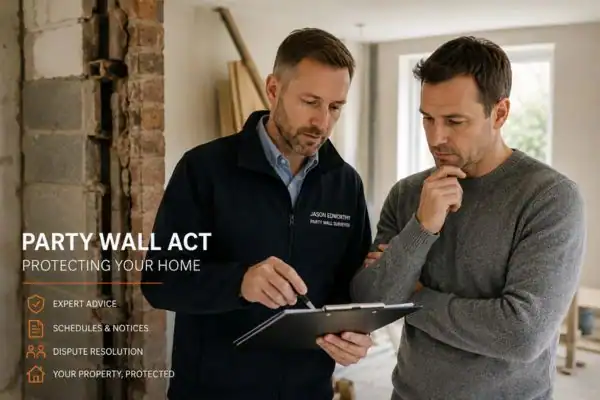 Party wall surveyor Warwickshire discussing extension plans with homeowner outside a UK semi-detached house.